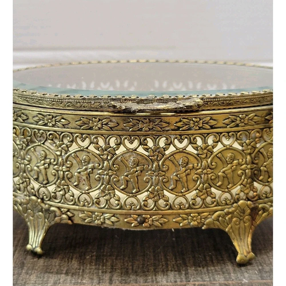 VTG Globe Oval 24kt Gold Plate Filigree Ormolu Jewelry Casket